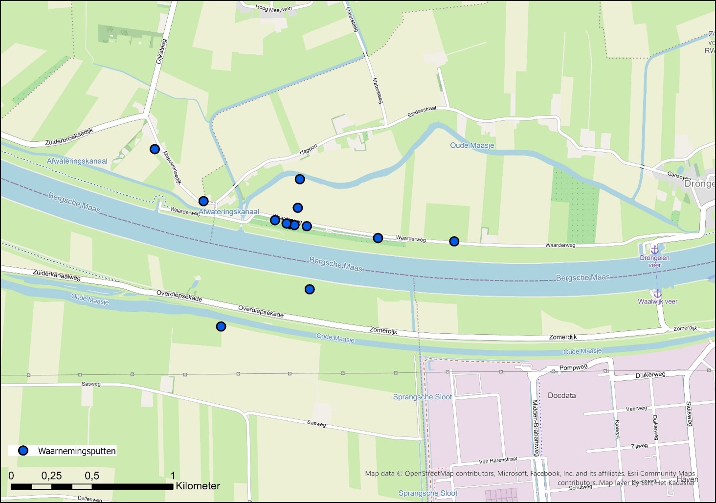 kaart waarnemingsputten en pompproef brak grondwater