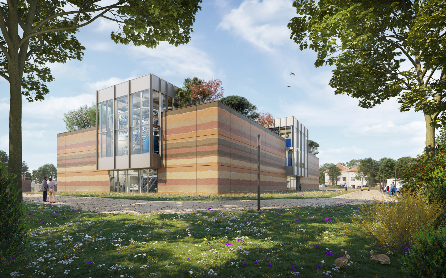 Render van het nieuwe, toekomstbestendige zuiveringsgebouw in Eindhoven