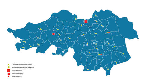 Kaart met kantoren en waterproductielocaties Brabant Water