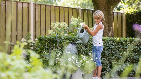 Jongen geeft tuin water met gieter