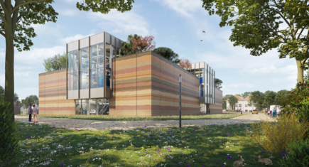 Render van het nieuwe, toekomstbestendige zuiveringsgebouw in Eindhoven